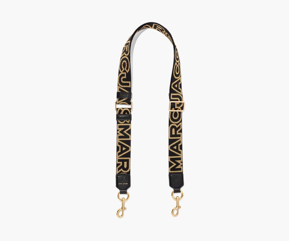 Marc Jacobs Thin Outline Logo Webbing Strap Black/Gold | 0142ZRLSK